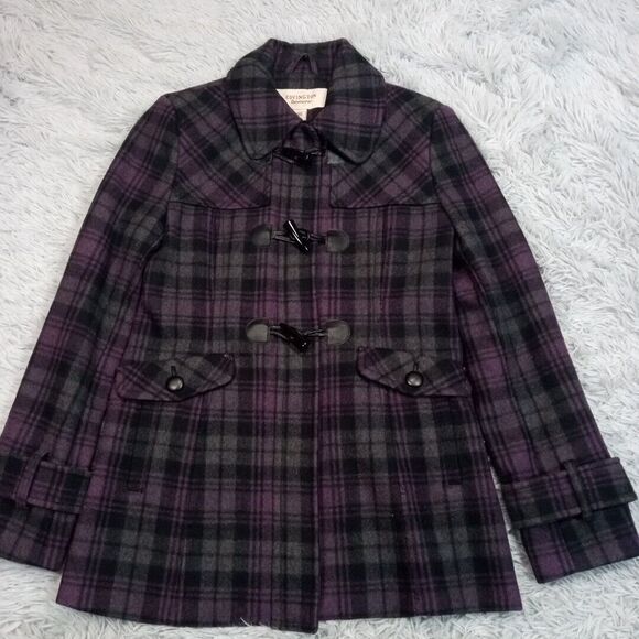 Covington Jacket Womens S Purple Wool Blend Plaid Overcoat Zip Up Toggles Pocket - Picture 1 of 11